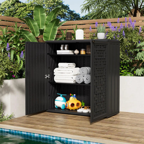 Outdoor Storage Cabinet With Shelf Waterproof Resin Shed For Patio And Garden, 60 Gallon Capacity, black with shelves
