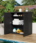 Black outdoor storage cabinet with open doors showing organized shelves, suitable for the 33.3 By 9 By 0.6 Inch Metal Shelf For 60 Gallon Outdoor Storage Cabinet Black Easy To Assemble No Fuss Single Shelf Laminate Metal Construction Perfect For Outdoor Storage.