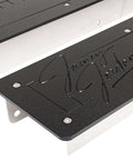 Close-up of Signature Series Metal Fabrication Plate Bead Roller Table with Textured HPDE Top, featuring engraved design and countersunk hardware.