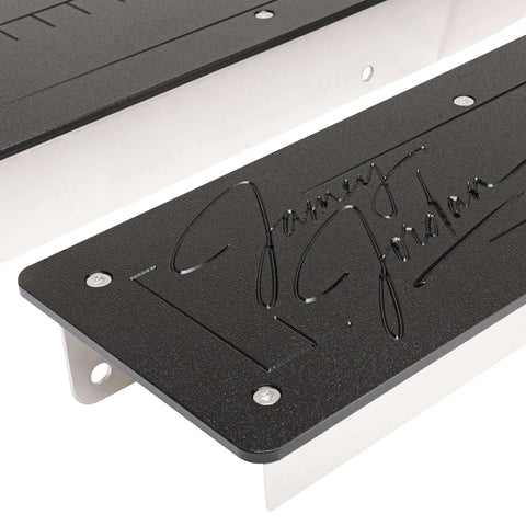 Close-up of Signature Series Metal Fabrication Plate Bead Roller Table with Textured HPDE Top, featuring engraved design and countersunk hardware.