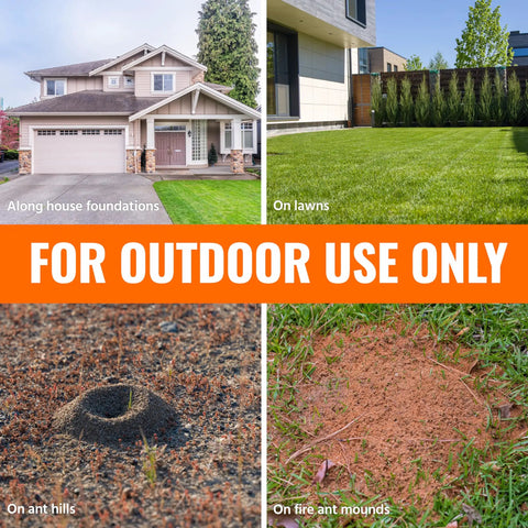 Ant Killer Plus Multi Purpose Insect Control For Outdoors Kills Fire Ants Fleas Cockroaches And Other Crawling Insects 3 Lb Shaker Bag Fast Acting Within 24 Hours shown for use on lawns, ant hills, and house foundations.