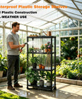 No Drama Four Tier Plastic Shelving Unit For Tight Layouts, 53 Inch tall rack with plants, in greenhouse setting.