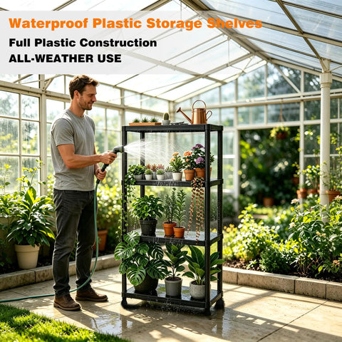 No Drama Four Tier Plastic Shelving Unit For Tight Layouts, 53 Inch tall rack with plants, in greenhouse setting.