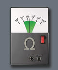 ESD-safe resistance meter with numeric scale and red switch, displaying measurement range, suitable for electronics testing.