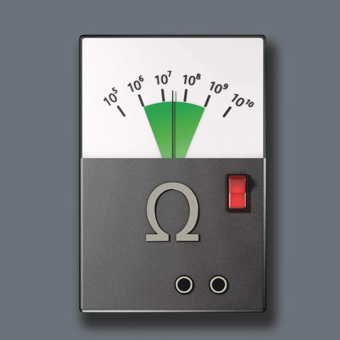 ESD-safe resistance meter with numeric scale and red switch, displaying measurement range, suitable for electronics testing.