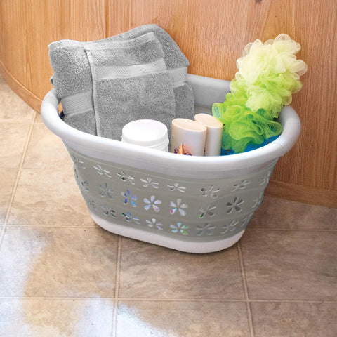 Collapsible Laundry Basket With Handles, Small Taupe White Pop Open Waterproof Plastic Bin For Home Dorm RV Storage Easy Collapse Space Saving Portable Laundry Organizer For Tiny Spaces on floor with towels and toiletries