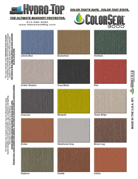 Color palette of masonry sealers, including shades like Liberty Blue and Buckwheat, for Superior Heavy Duty One Step Concrete Sealer And Curing Compound With Deep Penetrating Internal Moisture Vapor Barrier For Natural Stone And Cultured Rock Hella Tough Zero Hassle Protection.