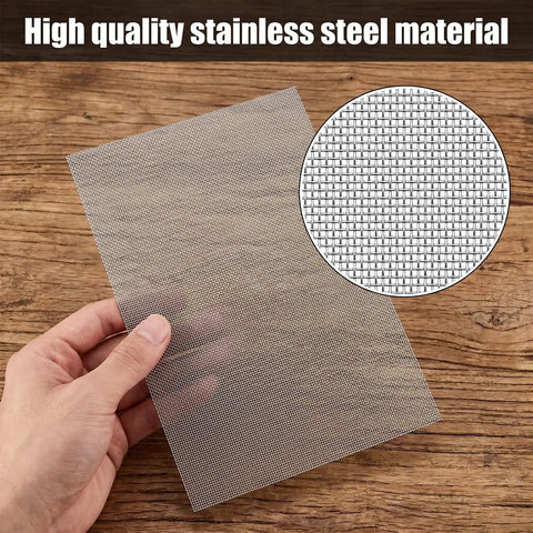 Close-up of Plastic Welding Mesh Ten Pack Stainless Steel Wire Screen on wooden table, highlighting mesh texture.
