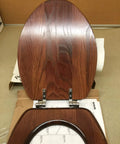 Solid Oak Elongated Toilet Seat with Cover and Polished Chrome Hinges for Vintage Bathrooms Classic Mahogany Finish top view