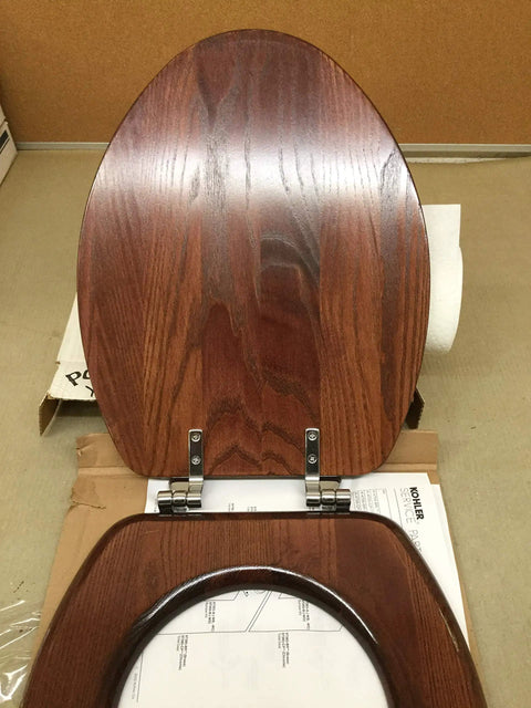 Solid Oak Elongated Toilet Seat with Cover and Polished Chrome Hinges for Vintage Bathrooms Classic Mahogany Finish top view