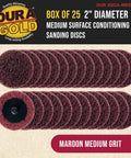 2 Inch Maroon Medium Grit Surface Conditioning Discs Pack Of 25 With R Type Quick Change Roll Lock Connection for rust removal.