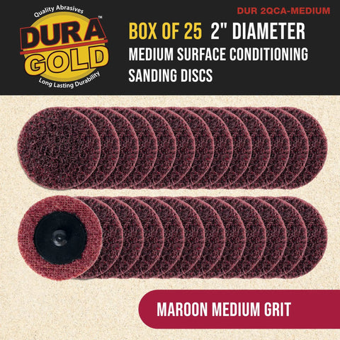 2 Inch Maroon Medium Grit Surface Conditioning Discs Pack Of 25 With R Type Quick Change Roll Lock Connection for rust removal.