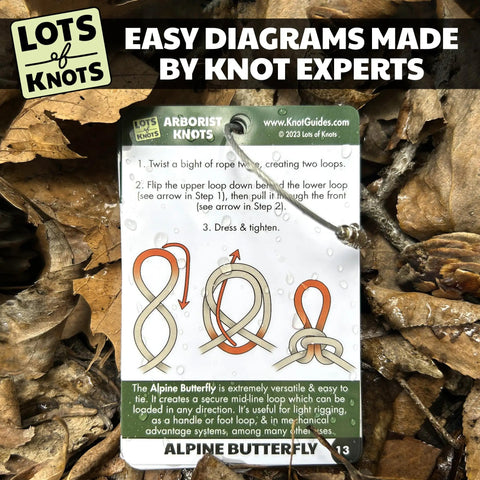 Arborist Knots Knot Cards For Tree Climbing And Trimming Waterproof 14 Page Pocket Guide Quick Reference For Arborist Gear showing Alpine Butterfly knot instructions.