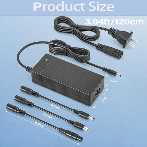 Versatile 42V 2A Scooter Charger With Four Tips shown with sizes, black charging brick, and power cord