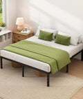 Bedroom with King Size Metal Bed Frame With Built In Storage Space Heavy Duty Sturdy Mattress Foundation Easy Assembly No Box Spring Needed Black 14 Inch Clearance, green bedding, and two pillows.
