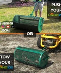 Heavy Duty Lawn And Garden Spreader With A 36 Inch Metal Mesh Basket For Compost Mulch Topsoil Peat Moss Push Or Tow Spreading Lightweight Durable Yard Care Gear For Home And Garden shown in use as push or tow with a tractor.