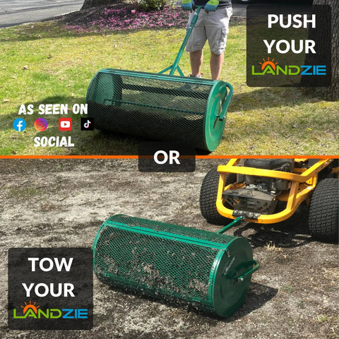 Heavy Duty Lawn And Garden Spreader With A 36 Inch Metal Mesh Basket For Compost Mulch Topsoil Peat Moss Push Or Tow Spreading Lightweight Durable Yard Care Gear For Home And Garden shown in use as push or tow with a tractor.
