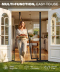 Woman walking through Magnetic Screen Door For 60x80 Inch Doors With Magnetic Closure And Heavy Duty Mesh on sunny patio door
