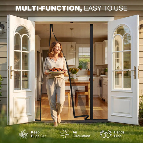 Woman walking through Magnetic Screen Door For 60x80 Inch Doors With Magnetic Closure And Heavy Duty Mesh on sunny patio door