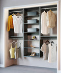 Sleek Modular Closet Organizer Wall Mounted Kit With Heavy Duty Hanging Rods Adjustable Shelves Smooth Glide Rails Grey Finish No Sweat Installation Organization System featuring hanging clothes and shelves.