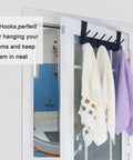 Over The Door Hooks Towel Rack With 6 Hooks For Hanging Clothes And Towels Black Door Coat Rack Fits Most Doors installed with towels