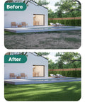 Before and after lawn transformation using Lawn Leveling Rake 33x10 Inch With 78 Inch Adjustable Back Saving Handle Pro Grade Heavy Duty Stainless Steel Leveler Tool