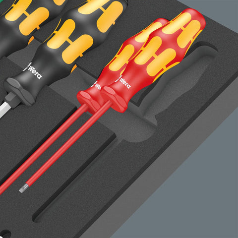 9710 18 Piece Foam Insert Screwdriver Set With Durable Dual Color Foam Organizer, close-up of red and black handles in slots.