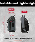 Front and back view of Largemouth 3.0 Fishing Sling Pack Gray With 3600 Quiklatch Tackle Trays, dimensions shown.