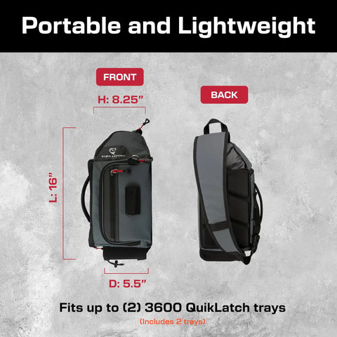 Front and back view of Largemouth 3.0 Fishing Sling Pack Gray With 3600 Quiklatch Tackle Trays, dimensions shown.