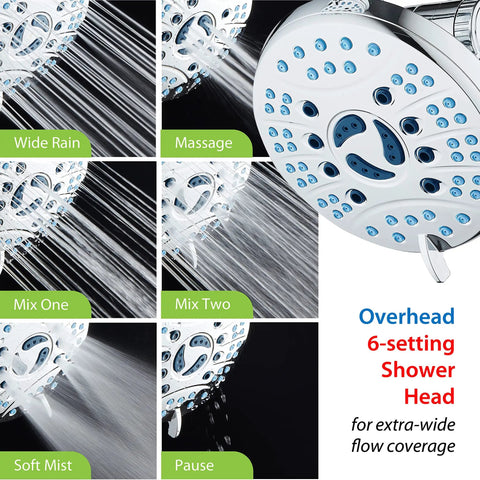 Image showing High Pressure Shower Head Combo With Rain And Handheld Modes Anti Clog Nozzles Extra Long Six Foot Hose 3 Way Water Flow