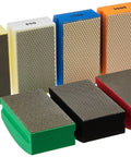 Set of seven Diamond Hand Polishing Pads for stone and concrete, foam backed, 3.5 x 2 inches, with radius grip, various grits visible