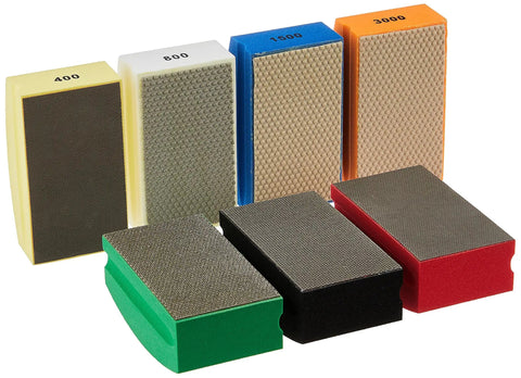 Set of seven Diamond Hand Polishing Pads for stone and concrete, foam backed, 3.5 x 2 inches, with radius grip, various grits visible