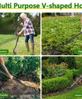 Image showing the Long Handle 59 Inch Triangle Garden Hoe With V Blade For Deep Trenches in use for weed control, digging, cutting trenches, and loosening soil.