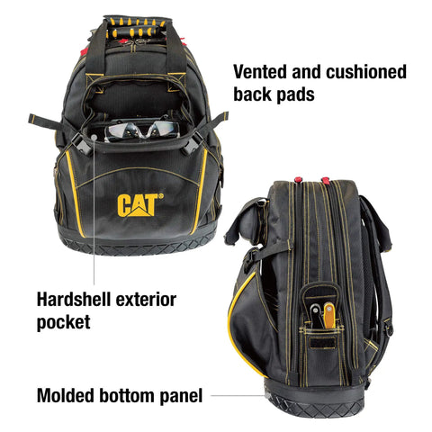 18-Inch Pro Tool Backpack With 32 Pockets For Gear Storage, Heavy-Duty 1680D Water-Resistant Polyester, front and side view