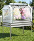 Self Watering Galvanized Raised Garden Bed With Legs And PE Cover For Vegetables And Flowers Outdoor Elevated Planter Box 48 By 24 By 56 Inches Easy Hands Free Watering For Backyard Patio Balcony shown in a garden.