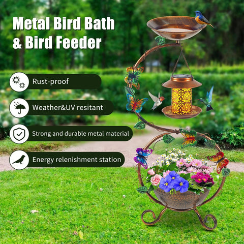 All In One Metal Bird Bath With Flower Planter Pedestal And Solar Bird Feeder For Outdoor Gardens Sturdy Rust Proof Stand
