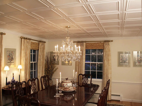 Elegant dining room with Glue Up Foam Ceiling Tiles White Pack Of Eight Covering 21.6 Square Feet Lightweight Insulating Popcorn Ceiling Cover Paintable With Water Based Paint Easy To Install And Clean.