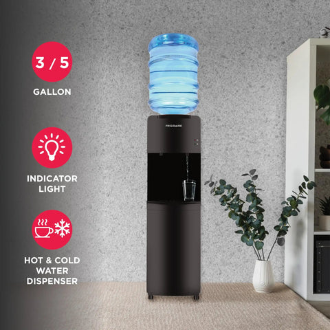 Top Loading Water Cooler Dispenser With Hot And Cold Water And Child Safety Lock Freestanding Slim Space Saving Design For Home Or Office No Fuss 3 Or 5 Gallon Bottles Black in room setting