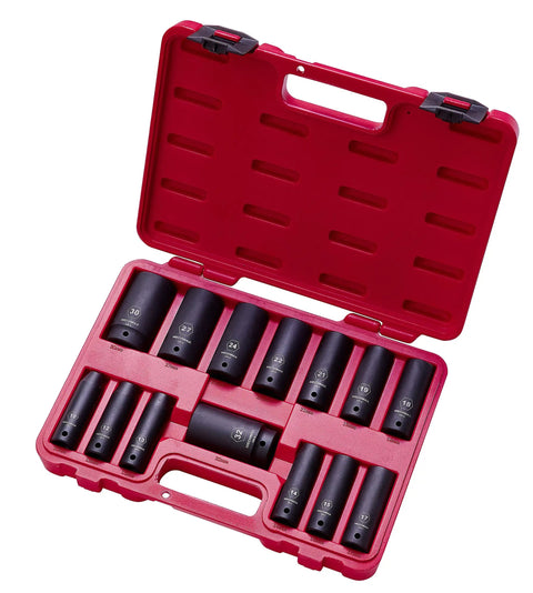 Heavy Duty 14 Piece Deep Impact Socket Set, 1/2 Inch Drive, metric sizes 10mm to 32mm, in red storage case