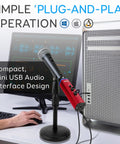 Desktop setup with XLR To USB Microphone Adapter For Digital Recording Plug And Play Mic To PC Interface With 48V Phantom Power.