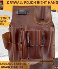 Right Handed Ambassador Series Drywall Pouch Chestnut Brown Top Grain Leather Pro Grade with Hammer Holder