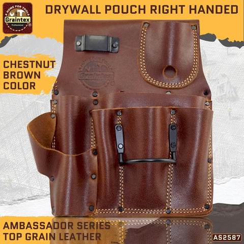 Right Handed Ambassador Series Drywall Pouch Chestnut Brown Top Grain Leather Pro Grade with Hammer Holder