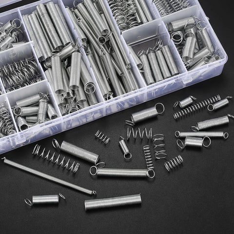Front view: 210-piece zinc-plated steel spring kit with compression and extension springs in a clear organizer