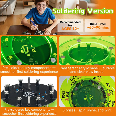 Spin The Wheel Stem Kit For Teens And Kids Ages 12 14 17 18 Build Your Own Electronic Prize Wheel DIY Science Project With Soldering Version Hands On Electronics Learning Gift For Tech Lovers, clear acrylic case