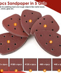 Heavy Duty Mouse Sander Replacement Pad With 30 Hook And Loop Sandpaper Sheets In 40 To 240 Grit, showing assorted grit sheets.