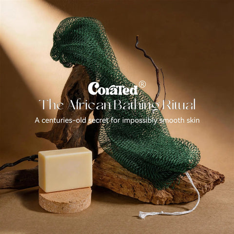 African Net Sponge Exfoliating Bath Loofah for Deep Cleansing Body Scrubber with soap bar on natural background.