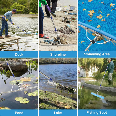 Beast Of A 31 Inch Heavy Duty Landscape And Pond Rake in use at dock, shoreline, swimming area, pond, lake, and fishing spot.