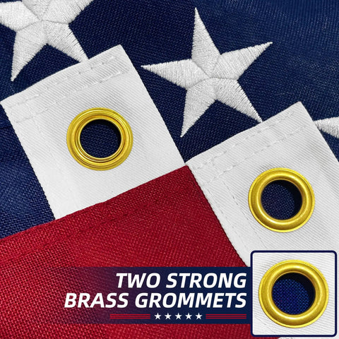 Durable Outdoor American Flag 3x5 Ft Tearproof Heavy Duty Spun Polyester with embroidered stars and brass grommets close-up.
