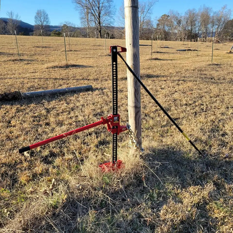 Beefy 48 Inch Ratcheting Off Road Utility Farm Jack, 3 Ton Capacity, Red Finish used for lifting in a farm field