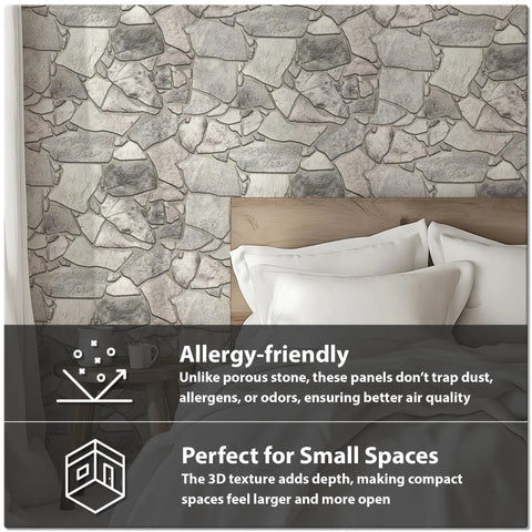3D Faux Stone Wall Panels Grey Wild Boulder Pack of 10 Lightweight PVC Tiles 17.5 x 23.75 in Covers 28.9 Sq Ft Water Resistant Easy to Clean Dope Look for Living Room or Kitchen Accent Walls in bedroom setting